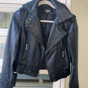 DKNY BLACK GENUINE LAMB LEATHER BIKER JACKET